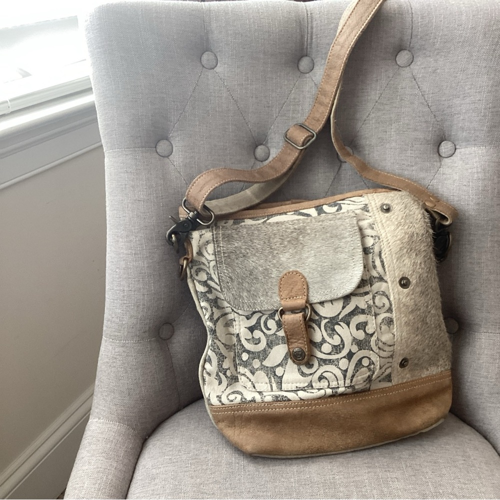 Myra Hair On Cowhide Leather Canvas Crossbody Shoulder Bag Boho Western EUC
